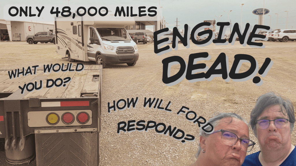 Image showing a broken down camper van with text overlay expressing frustration about its engine failure, asking for advice on what to do and how Ford might respond.